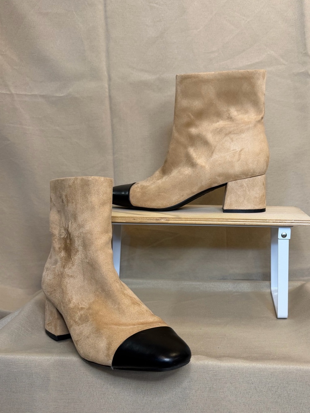 Two-Tone Beige Suede Ankle Boots with Black Cap Toe - Picture 3 of 5